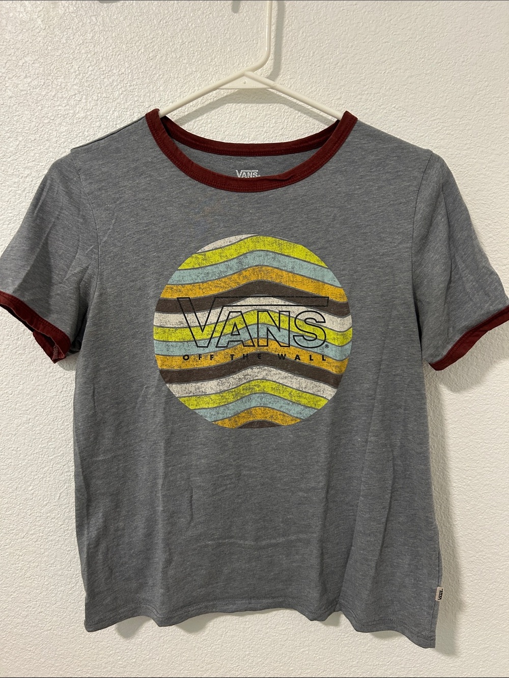 Vans Gray Tee with Burgundy Trim and Multicolor Wavy Logo